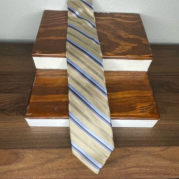 Michael Kors Diagonal Striped Necktie Blue Cream and Gold - Picture 1 of 10